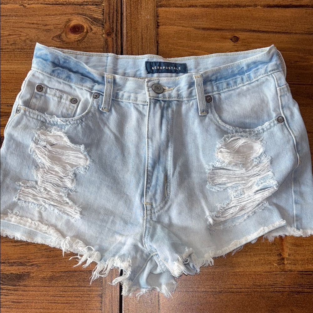 Y2K Aeropostale Denim Faded Blue Ripped Holes Jean Shorts Size 8